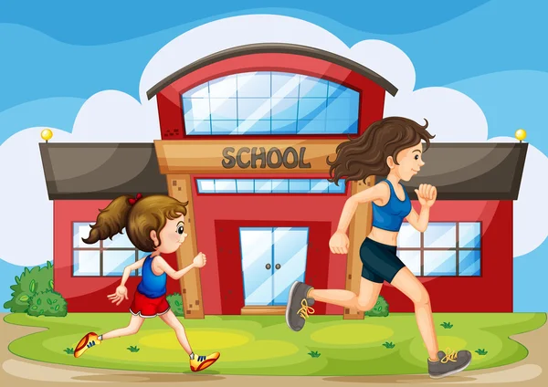 Un niño y una mujer corriendo frente a la escuela — Vector de stock