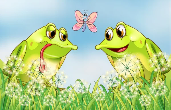 Due rane e una farfalla in giardino — Vettoriale Stock