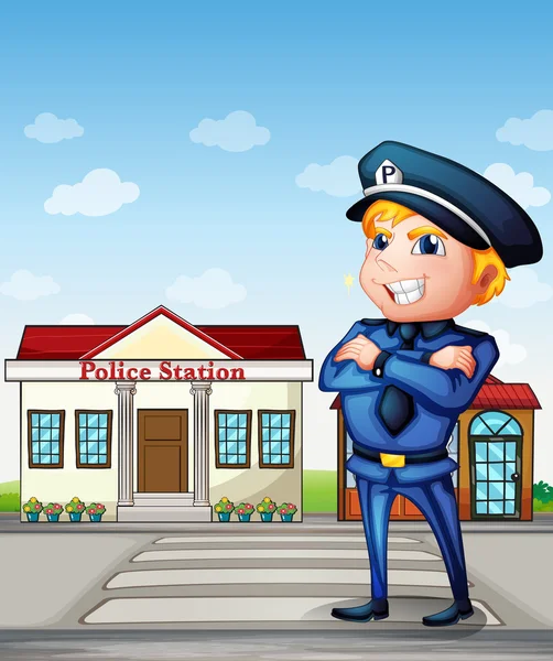 Un poliziotto dall'altra parte della stazione di polizia — Vettoriale Stock