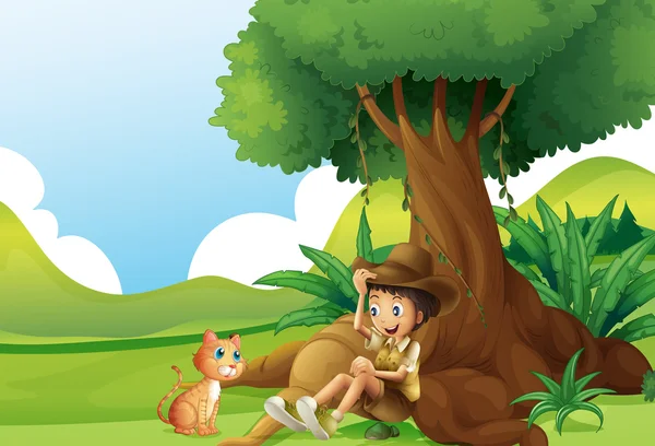 Молодий хлопчик і кіт під великим деревом — стоковий вектор