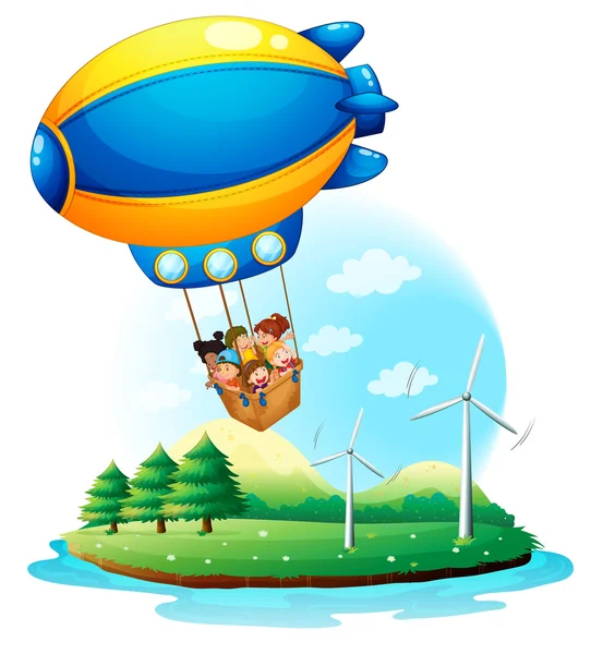 An airship with kids passing over an island — Stock Vector