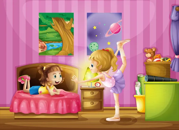 Two young girls inside a bedroom — Stock Vector