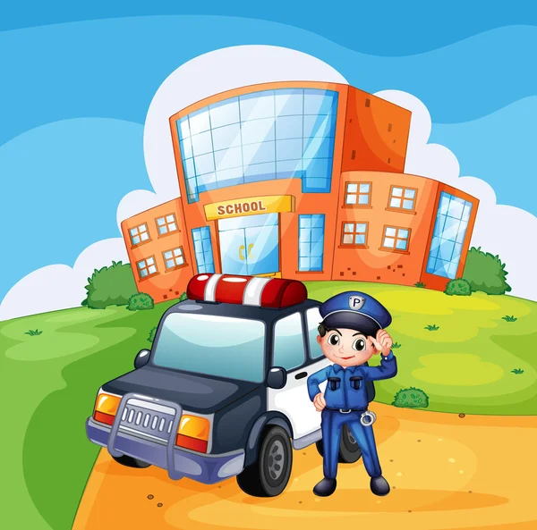 A patrol car and the policeman near the school — Stock Vector
