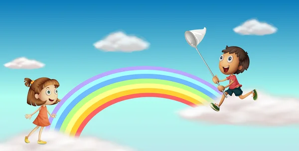 Renkli rainbow yanında mutlu çocuklar — Stok Vektör