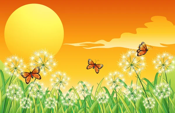 Un paisaje al atardecer con tres mariposas naranjas — Vector de stock