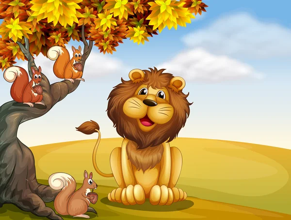Ένα λιοντάρι με τρεις σκίουρους στο hilltop — Διανυσματικό Αρχείο