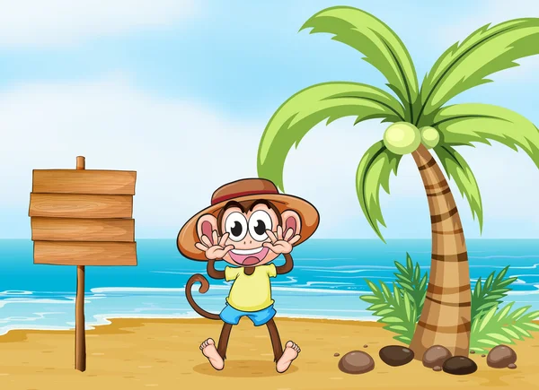 Μια μαϊμού στην παραλία και το άδειο σκάφος — Διανυσματικό Αρχείο