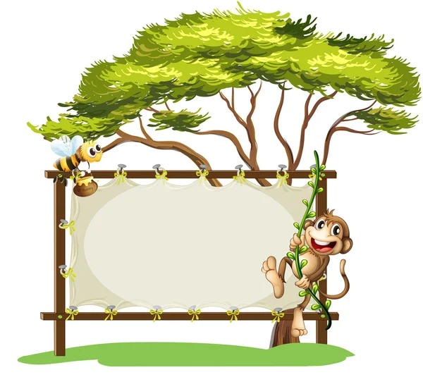 A monkey and the bee beside the empty signage — Stock Vector