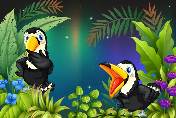 Dois pássaros na floresta tropical — Vetor de Stock