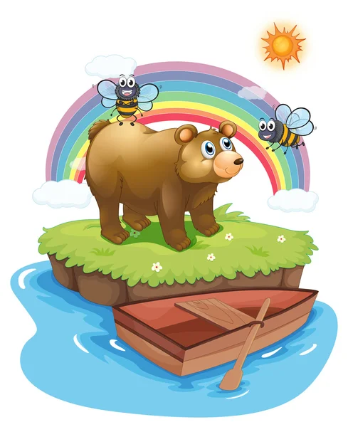 A big bear and two bees — Stock Vector