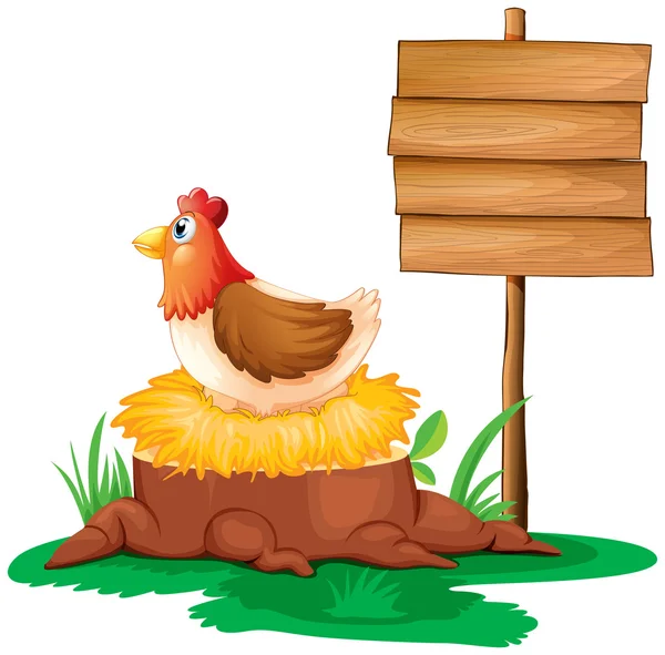 Uma galinha perto da placa de madeira vazia — Vetor de Stock