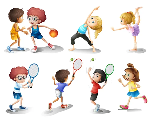 Enfants faisant de l'exercice et faisant différents sports — Image vectorielle