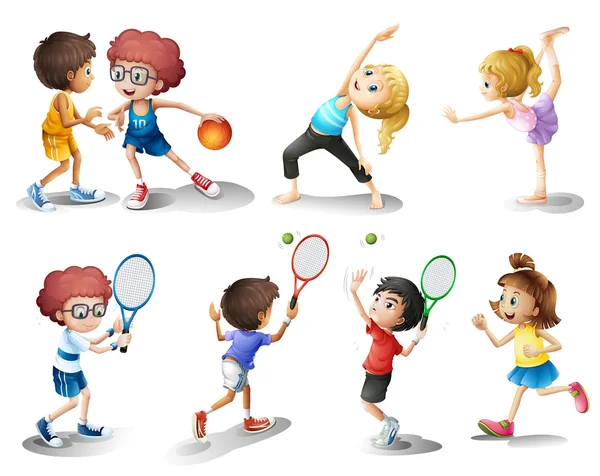 Niños haciendo ejercicio y practicando diferentes deportes — Vector de stock