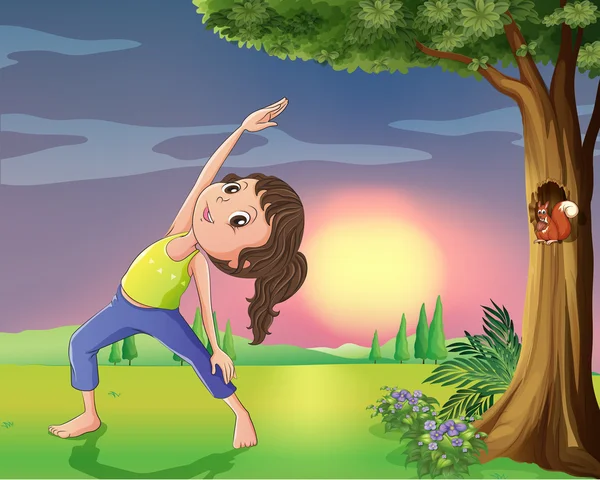 Une fille faisant de l'exercice près d'un arbre avec un écureuil — Image vectorielle