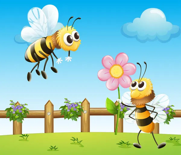 Duas abelhas dentro da cerca de madeira — Vetor de Stock