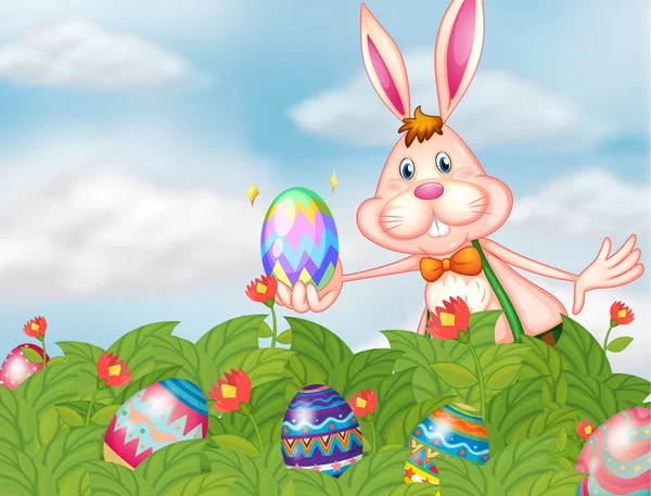 Un lapin avec des œufs au jardin — Image vectorielle
