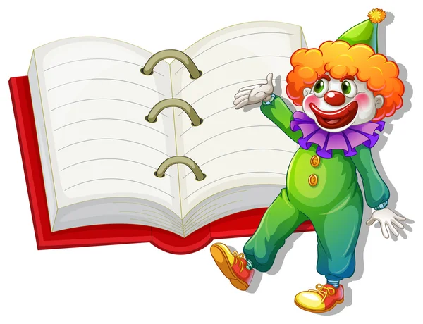 A clown and the big notebook — Stock Vector