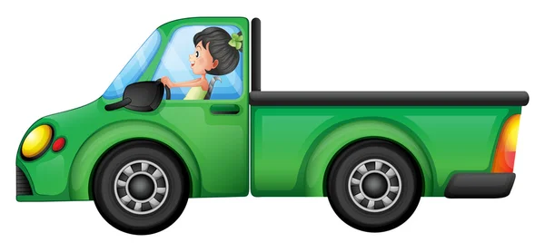 A green car driven by a girl — Stock Vector