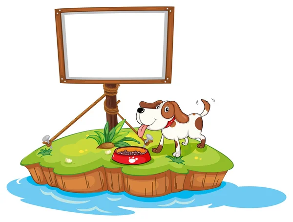 Un cachorro en una isla con una tabla vacía — Vector de stock