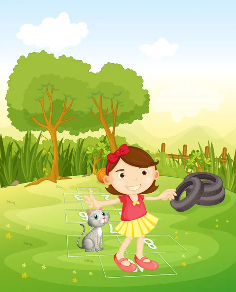 彼女の猫と公園で遊ぶ女の子 — ストックベクタ