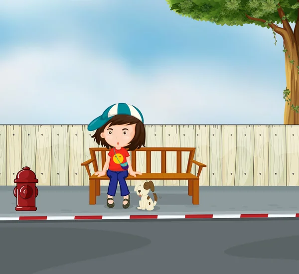 Ένα κορίτσι και ένα σκυλί κάθεται κατά μήκος του δρόμου — Διανυσματικό Αρχείο