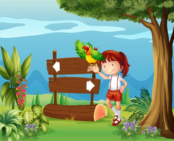 A parrot and a girl beside a signboard in the forest — Stock Vector