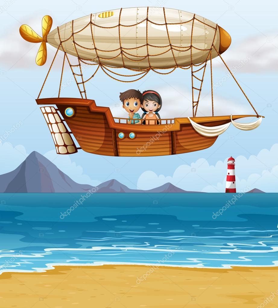 A boy and a girl riding an airship