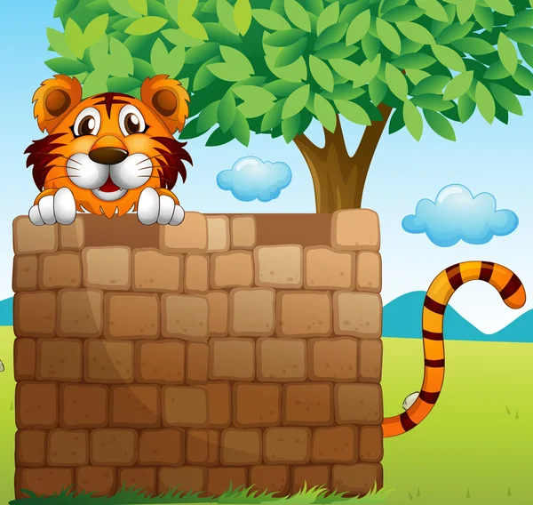 A tiger hiding on a pile of bricks — Stock Vector