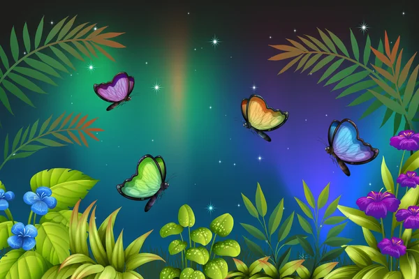 Una vista de la mañana con mariposas — Vector de stock