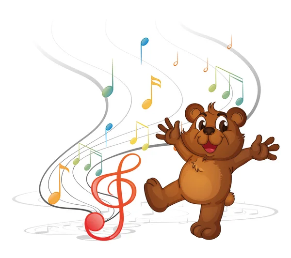 Um urso dançarino e as notas musicais — Vetor de Stock