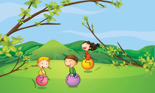 Ευτυχής παιδιά παιχνίδι με τις μπάλες που αναπηδούν — Διανυσματικό Αρχείο