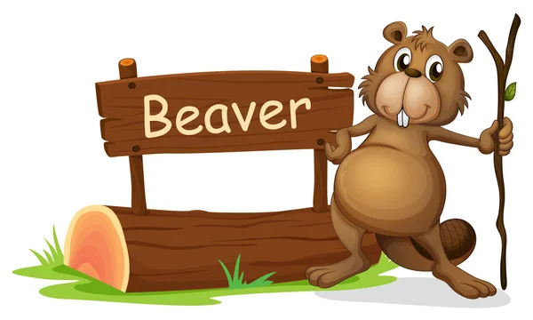 A signboard and a beaver with a stick — Stock Vector