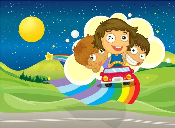 Tres niños montando en un coche que pasa por el arco iris — Vector de stock