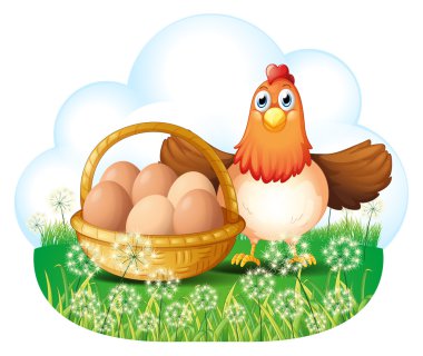 A hen with eggs in a basket clipart