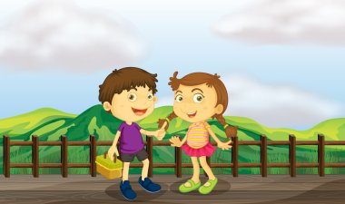 bir genç kız ve genç bir çocuk, ahşap köprü