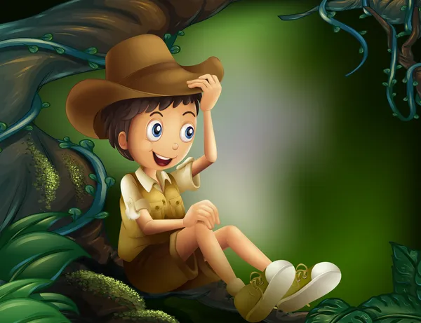 Un ragazzo seduto su un albero nella foresta pluviale — Vettoriale Stock