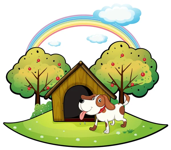 A dog with a dog house near an apple tree — Stock Vector