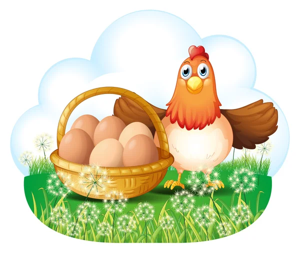 A hen with eggs in a basket — Stock Vector