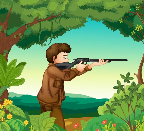 Un chico con un arma dentro del bosque — Vector de stock