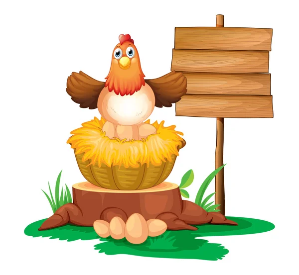 A hen hatching eggs with a wooden signboard — Stock Vector