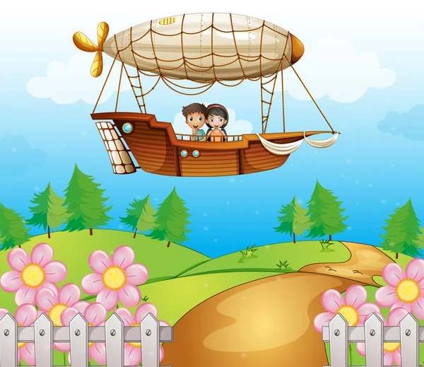 Μια airship περνώντας τους λόφους με τα παιδιά — Διανυσματικό Αρχείο