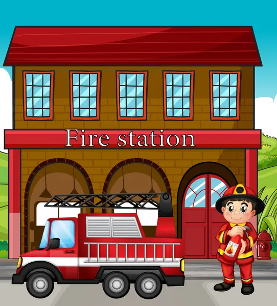 A fireman with a fire truck in a fire station — Stock Vector