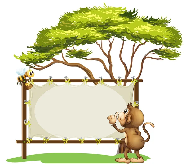 An empty signage with a monkey and a bee — Stock Vector