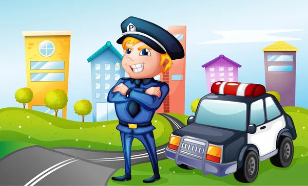 A smiling policeman at the road — Stock Vector