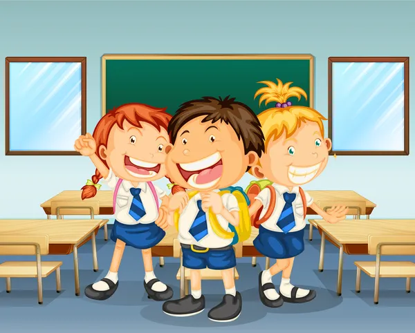 Tres niños sonriendo dentro del aula — Vector de stock