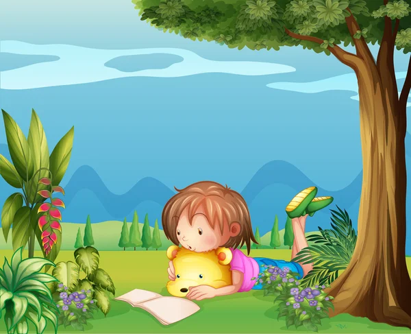 一个女孩同读一本书一只熊 — 图库矢量图片