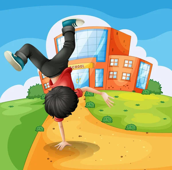 A boy doing breakdance along the school — Stock Vector