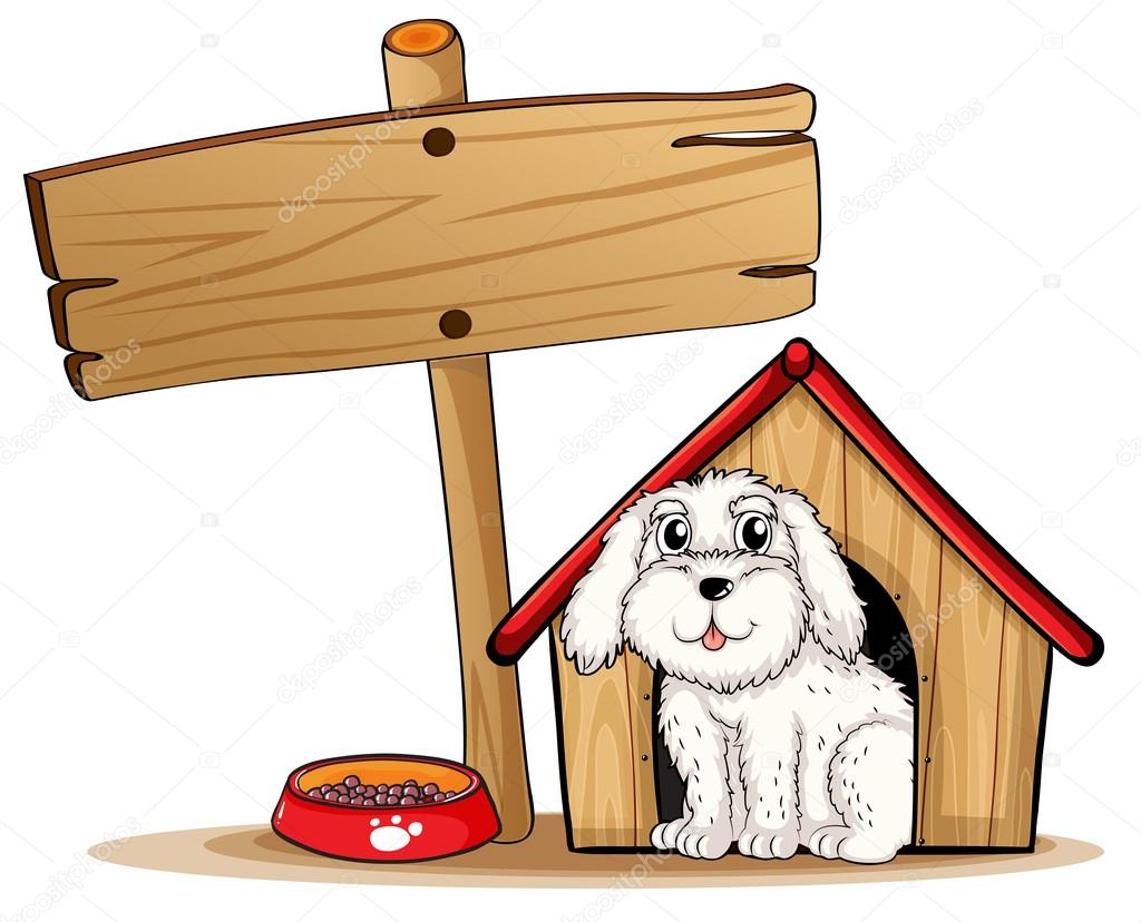 A dog inside the dog house with a wooden signboard