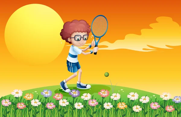 Seorang anak bermain tenis di bukit - Stok Vektor