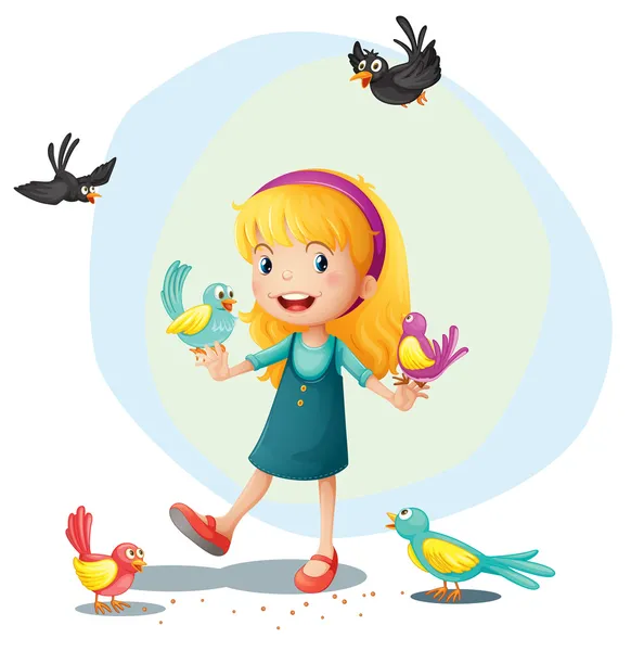 Dívka hraje s ptáky — Stockový vektor